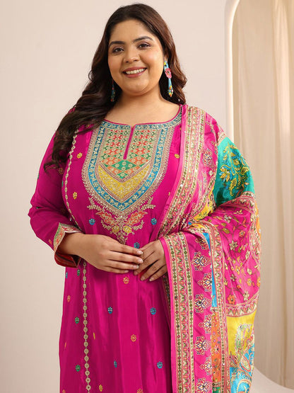 Dhiyona Women's Plus Size Ethnic Motifs Embroidered Kurta with Sharara & Dupatta