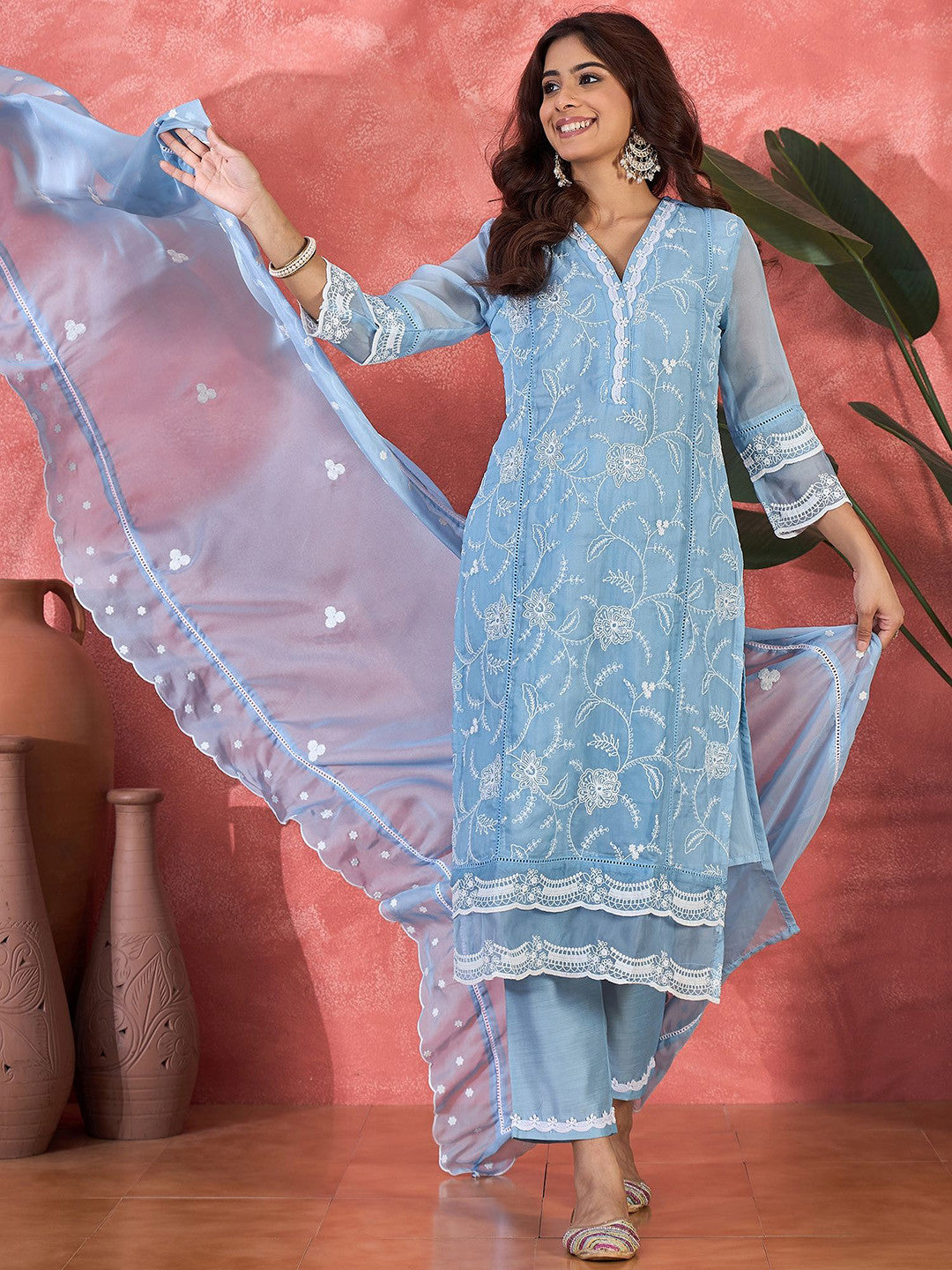 Embroidered V-Neck Chikankari Organza Kurta With Trousers And Dupatta