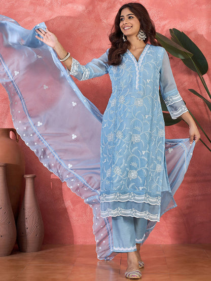 Embroidered V-Neck Chikankari Organza Kurta With Trousers And Dupatta