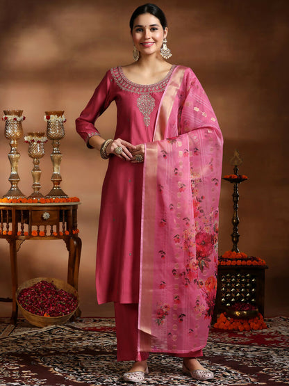 Women's LB Pink Embroidered Silk Blend Straight Suit With Dupatta