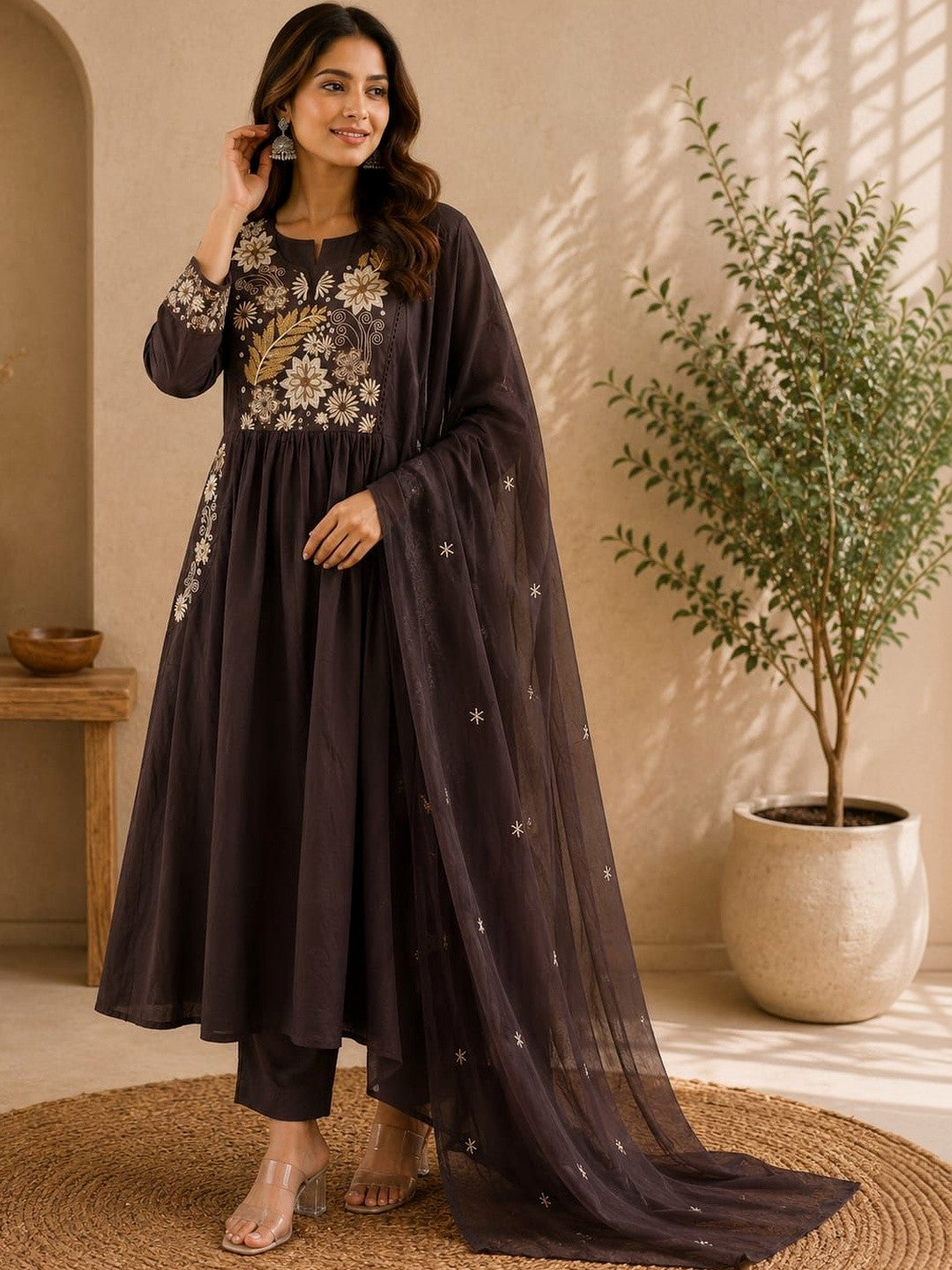 Women Floral Embroidered Empire Thread Work Pure Cotton Kurta with Trousers & With Dupatta
