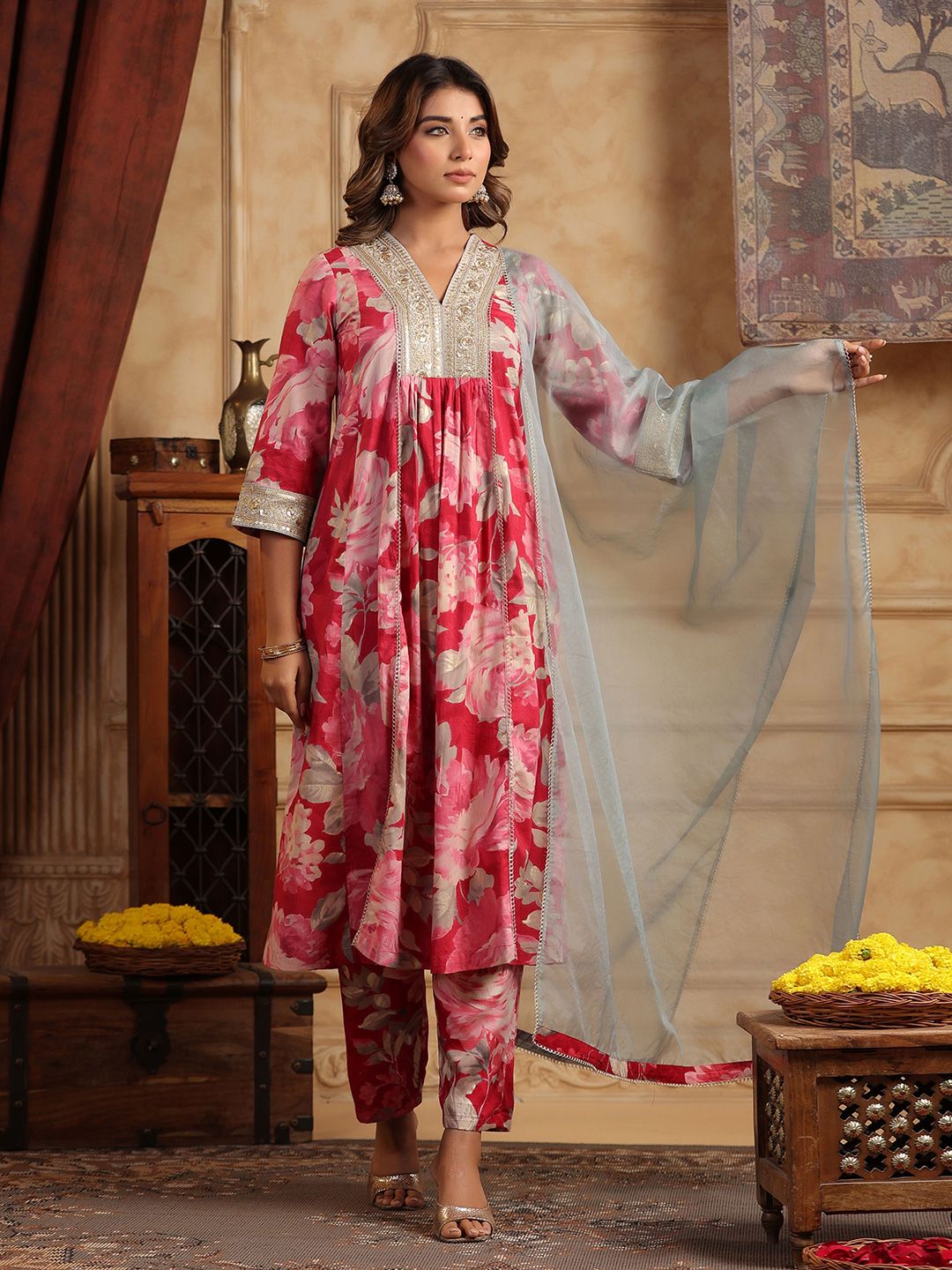Dhiyona RR Women's Floral Printed Sequinned Pure Cotton Anarkali Kurta with Trousers & Dupatta