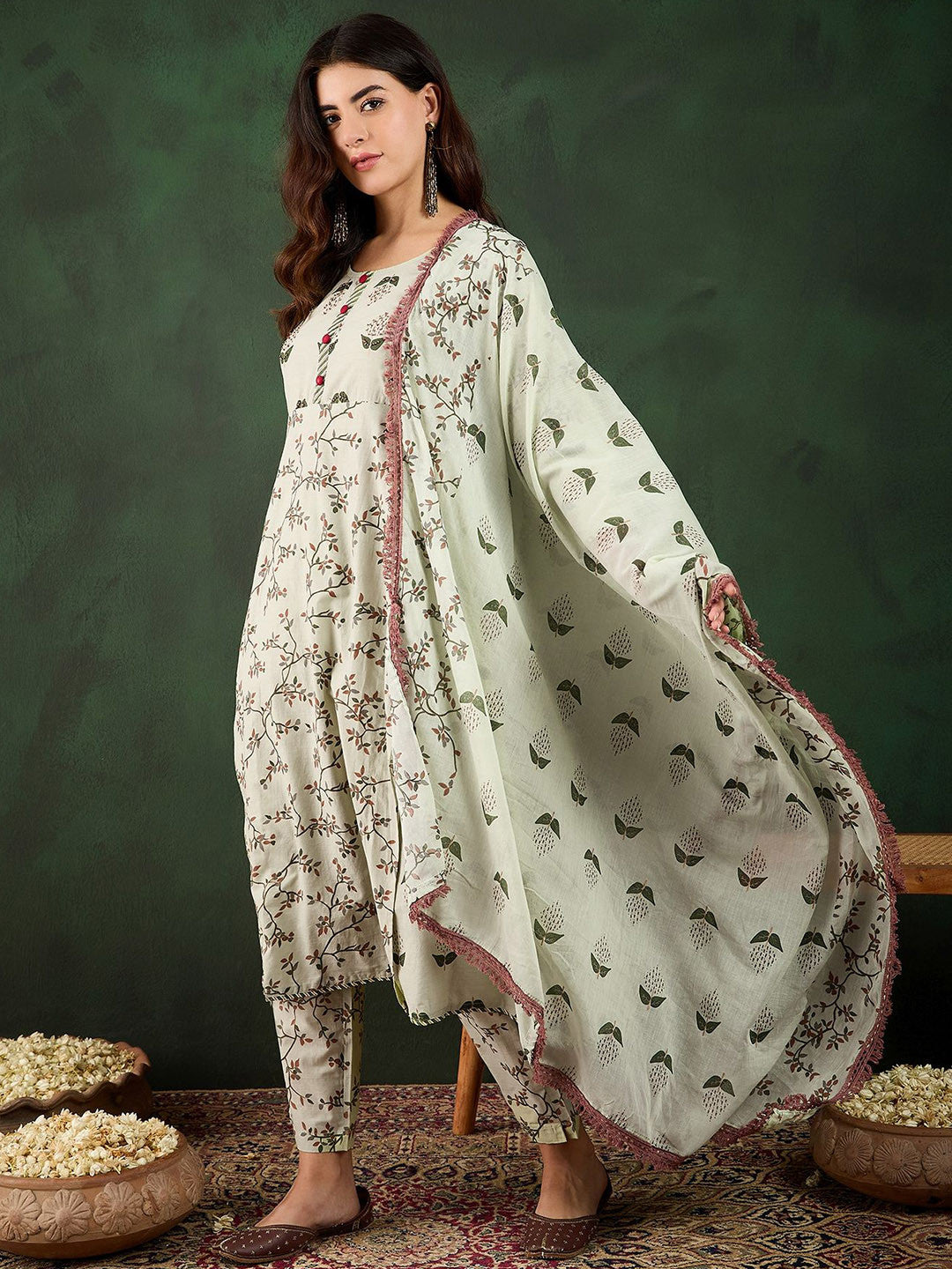 Floral Printed Pure Cotton Kurta With Trousers & Dupatta