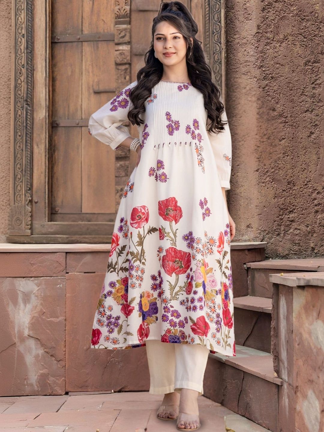 Dhiyona IE Women Floral Printed Pleated Pure Cotton Kurta with Trousers
