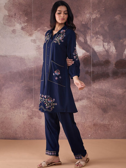 Floral Embroidered Thread Work Pure Cotton Kurta With Trousers