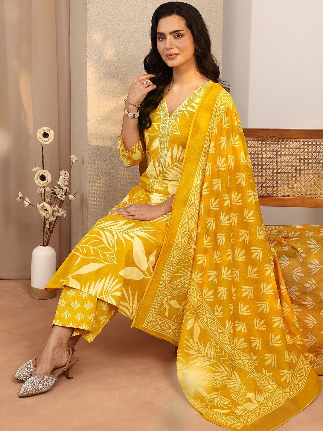 Mustard Floral Printed Cotton Straight Suit Set