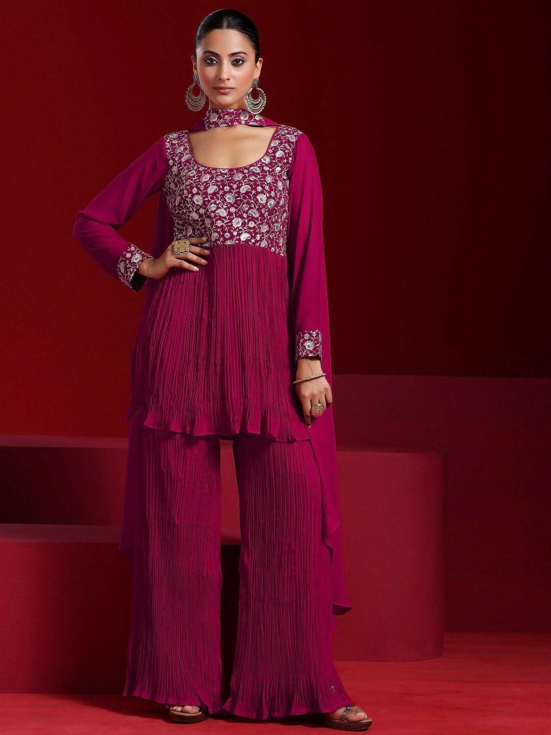 Women's LB Art Pink Embroidered Georgette A-Line Kurta With Sharara & Dupatta