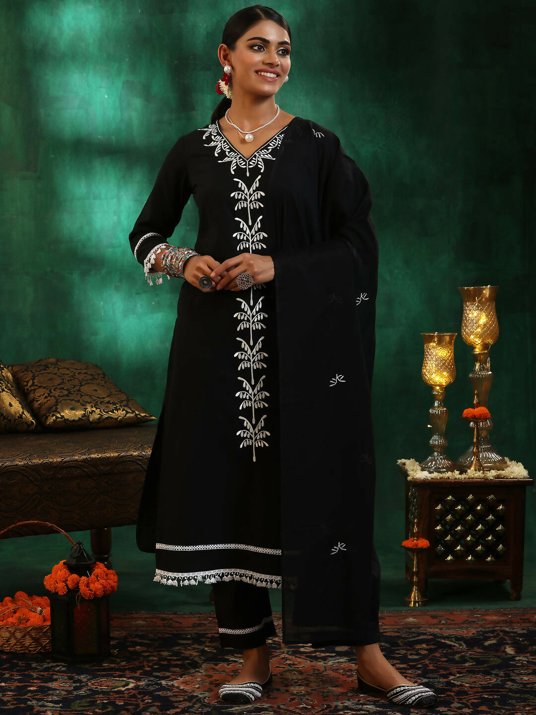 Women's LB Black Embroidered Cotton Straight Suit With Dupatta