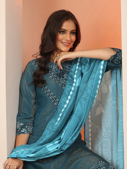 Dhiyona LL Floral Embroidered Mirror Work Straight Kurta With Palazzos And Dupatta