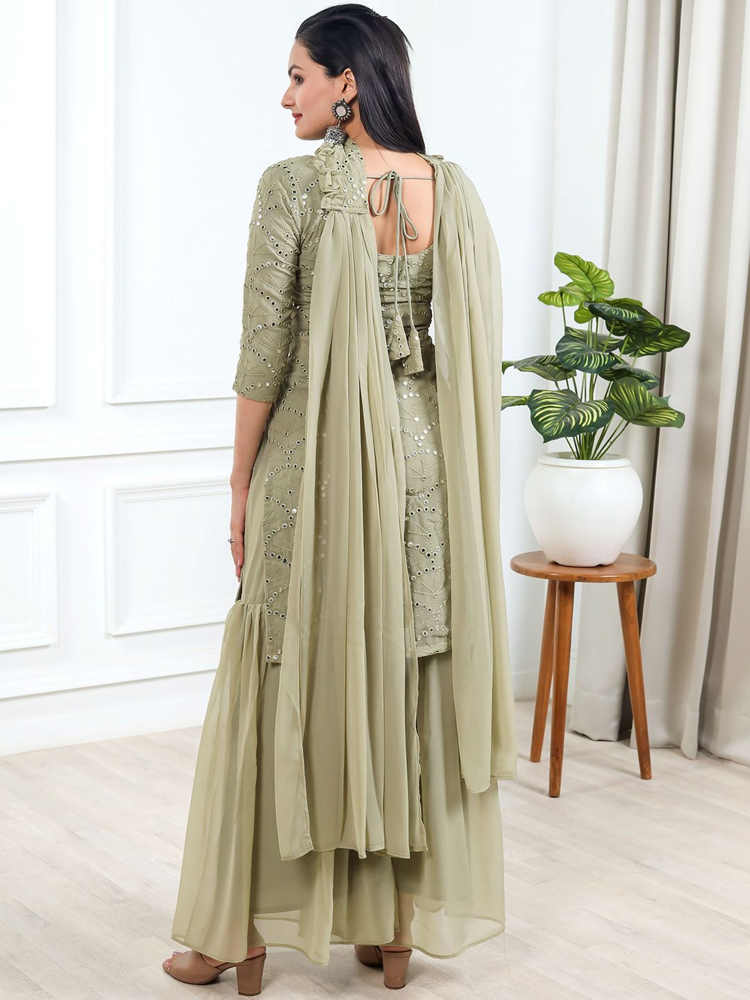 Dhiyona KL Geometric Embroidered Mirror Work Straight Kurta With Sharara & Dupatta
