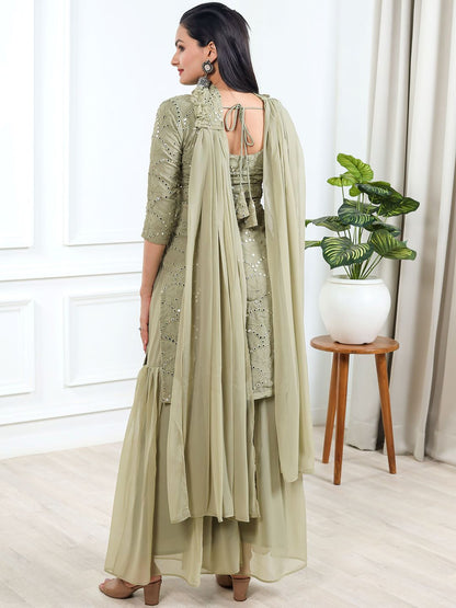 Dhiyona KL Geometric Embroidered Mirror Work Straight Kurta With Sharara & Dupatta