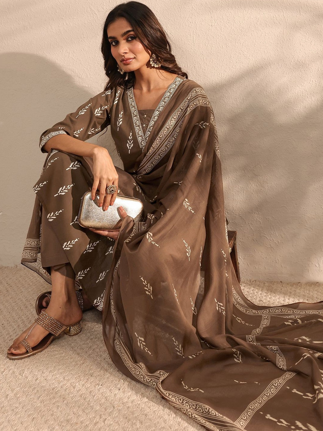 Brown Printed Cotton Suit Set with Dupatta