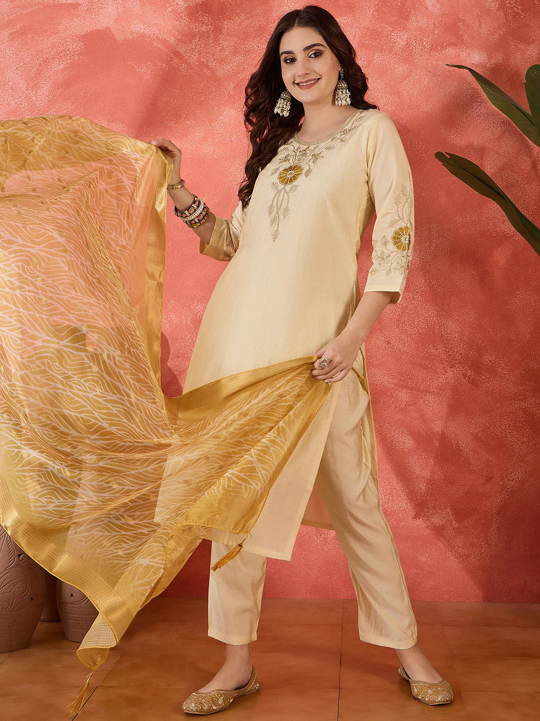 Embroidered Straight Kurta With Trouser & Dupatta Set