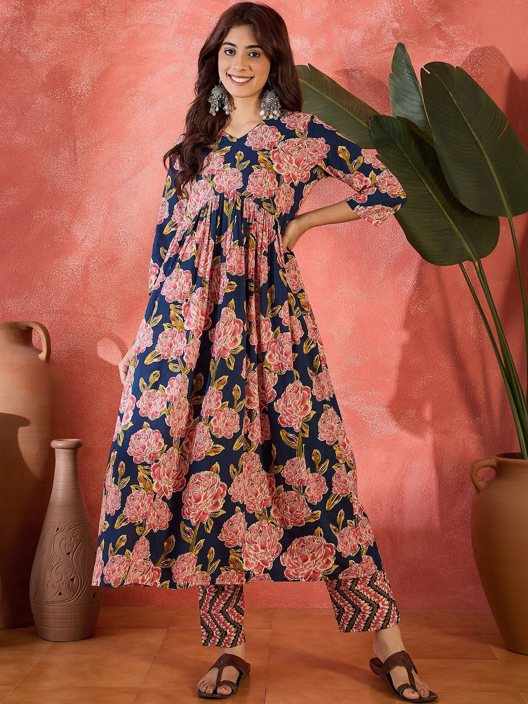 Printed Pure Cotton V-Neck A-Line Kurta & Trousers With Dupatta