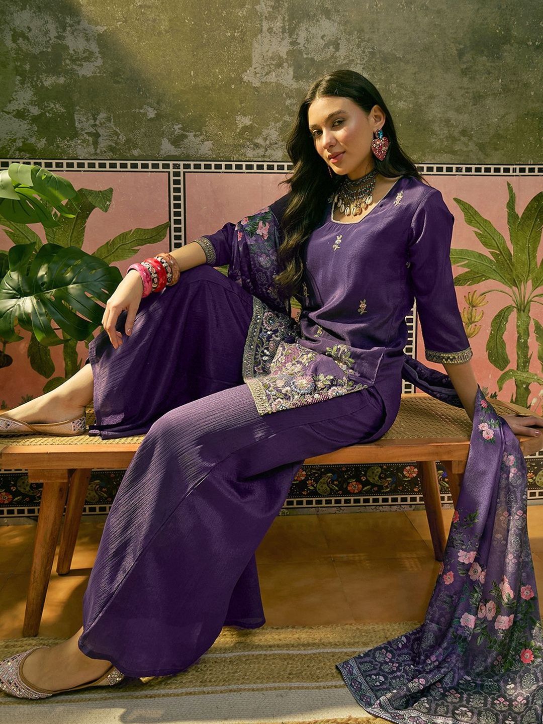 Dhiyona SN Embroidered Square Neck Kurta & Palazzos Kurta Set