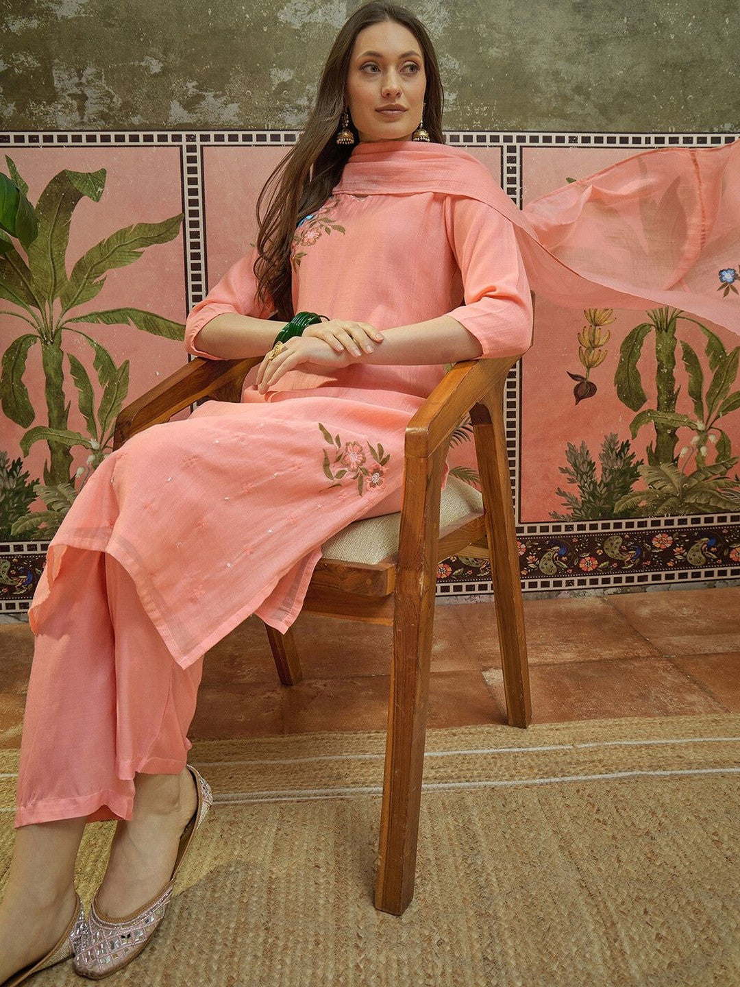 Embroidered V-Neck Kurta & Trousers With Dupatta