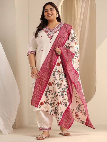 Dhiyona Women's Plus Size Floral Printed Thread Work Kurta With Salwar & Dupatta