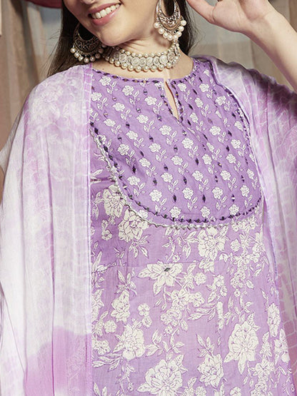 Mauve Floral Embroidered Round Neck Straight Kurta With Trouser And Dupatta