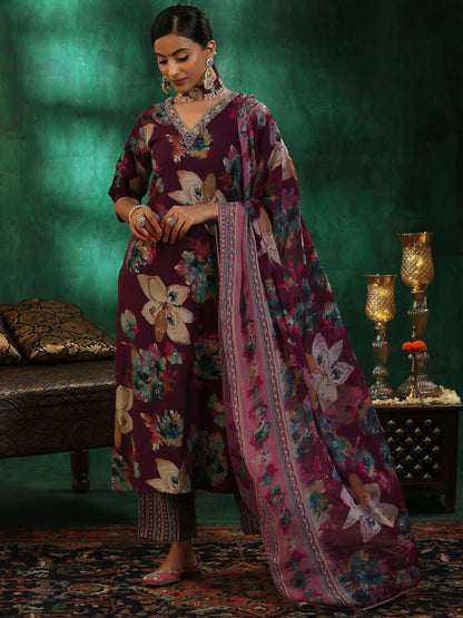 Women's LB Burgundy Printed Silk Blend Straight Suit With Dupatta