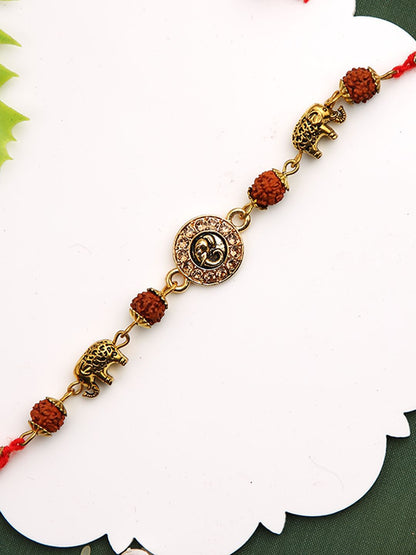 Dhiyona Stones Studded & Rudhraksh Beaded Rakhi With Roli Chawal & Greeting Card