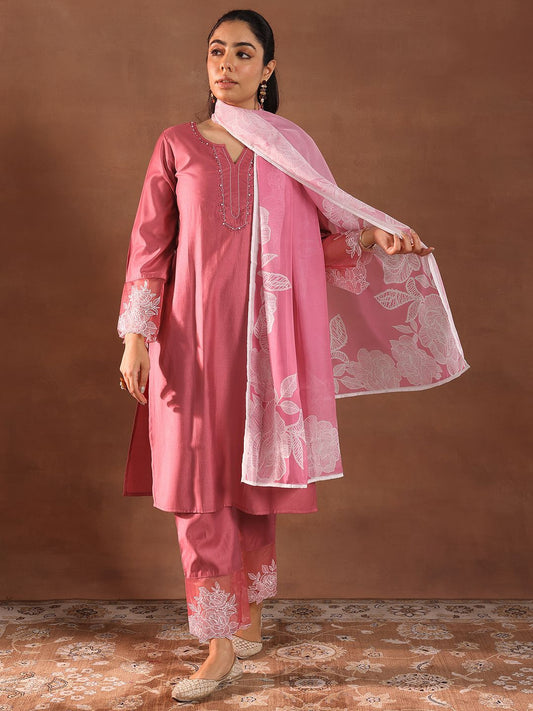 Floral Embroidered Beads Work Straight Kurta With Trousers & Dupatta