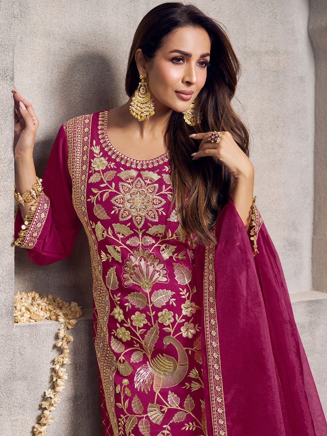 Dhiyona IN Floral Embroidered Sequinned Kurta With Palazzos & Dupatta