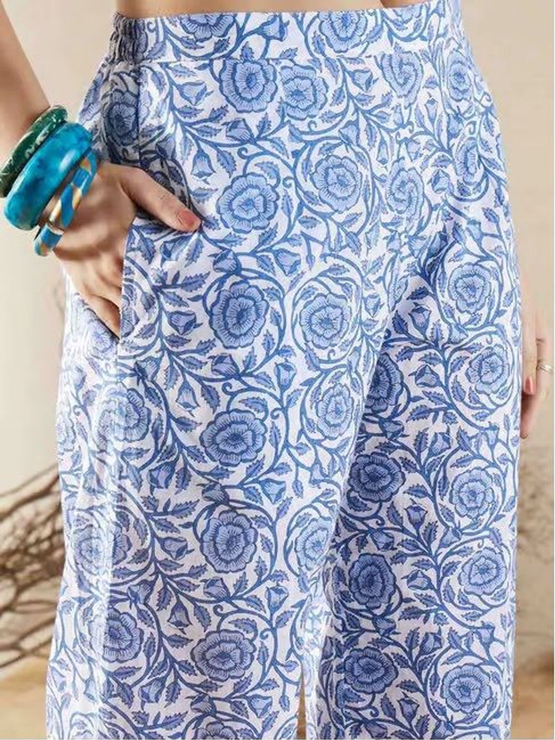 Printed Pure Cotton V-Neck Kurta Trousers & Dupatta