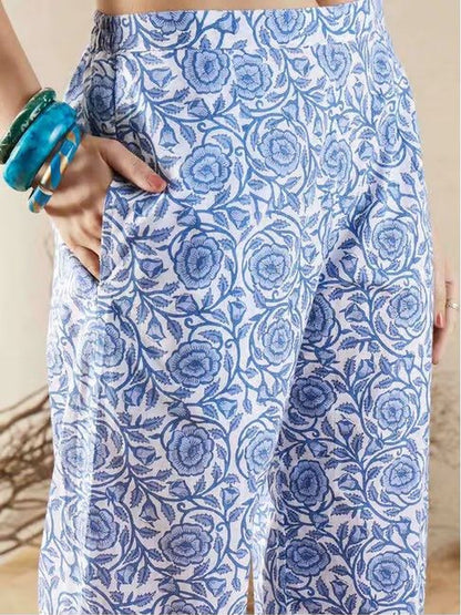 Printed Pure Cotton V-Neck Kurta Trousers & Dupatta