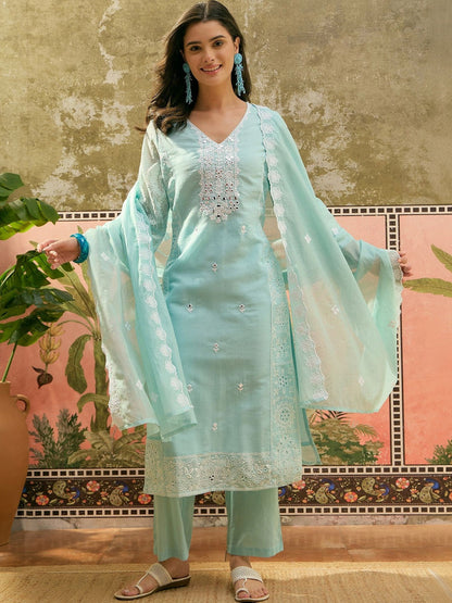 Women Ethnic Motifs Embroidered Regular Mirror Work Pure Cotton Kurta with Trousers & With Dupatta