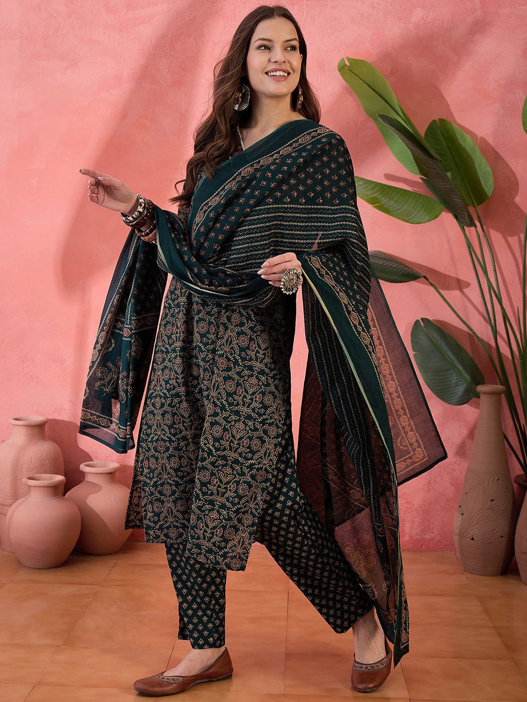 Floral Printed V-Neck Pure Cotton Straight Kurta With Trouser And Dupatta