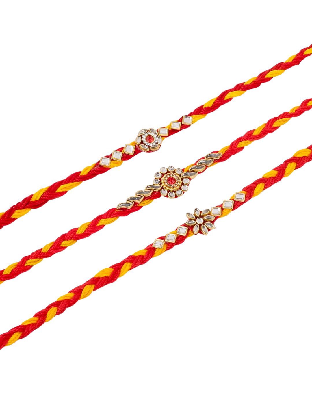 Dhiyona Men Set Of 3 Red & Yellow Kundan Studded Floral Design Thread Rakhi With Roli Chawal