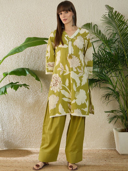 Dhiyona IE Printed V-Neck Three-Quarter Sleeves Pure Cotton Tunic And Trousers