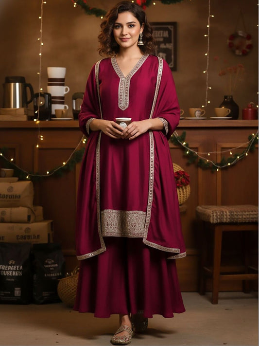 Dhiyona HOP Embroidered V-Neck Kurta & Sharara With Dupatta