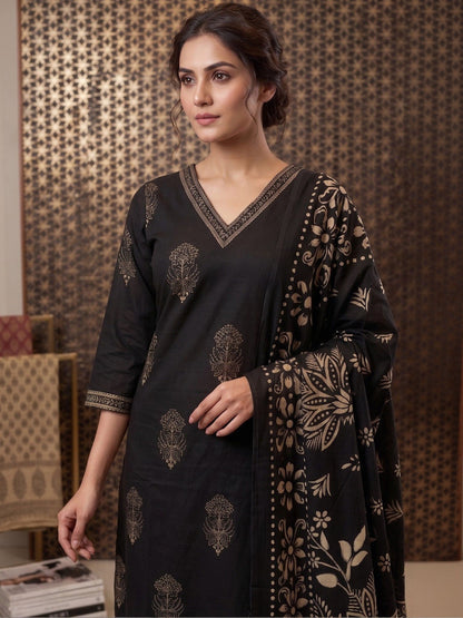 Printed Pure Cotton V-Neck Kurta & Trousers With Dupatta