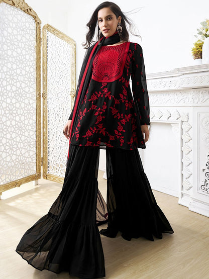 Dhiyona IN Women Floral Embroidered Regular Thread Work Kurta with Sharara & With Dupatta