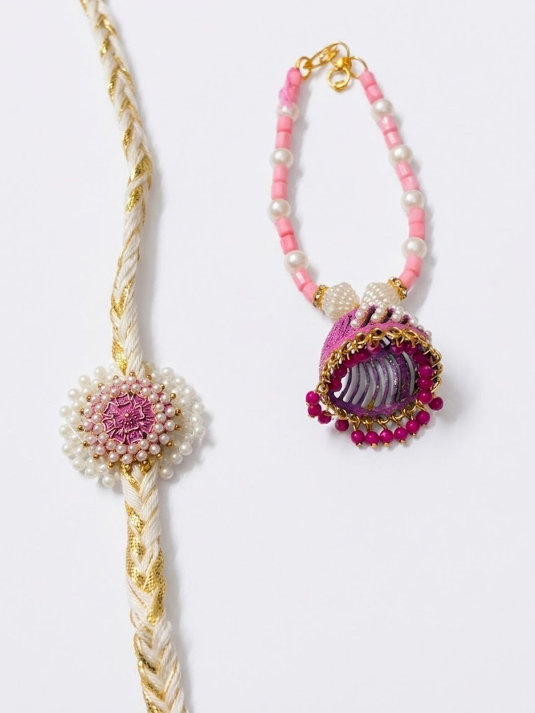 Dhiyona Set Of 2 Floral Perals Jhumka Design Bhaiya Bhabhi Rakhi With Roli Chawal Chandan