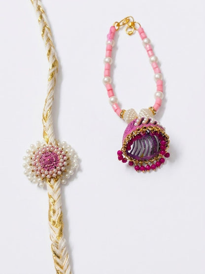 Dhiyona Set Of 2 Floral Perals Jhumka Design Bhaiya Bhabhi Rakhi With Roli Chawal Chandan