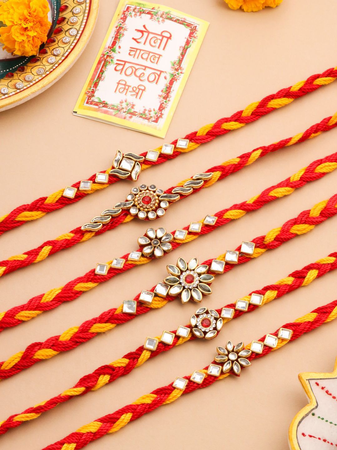 Dhiyona Men Set Of 6 Red & Yellow Kundan Studded Floral Design Thread Rakhi With Roli Chawal
