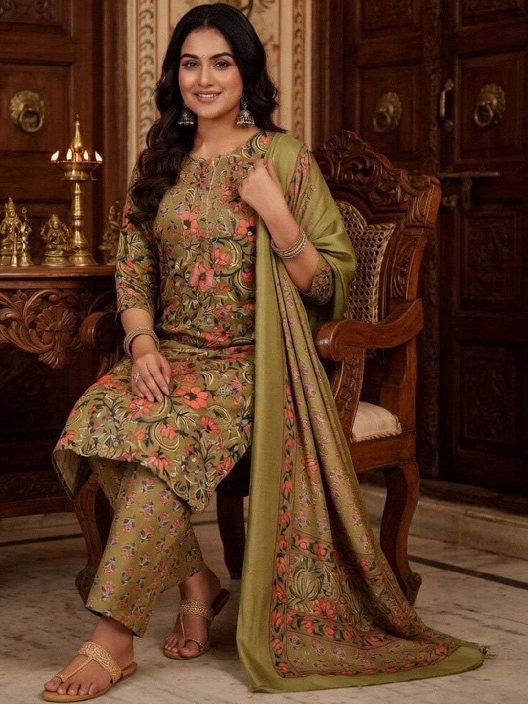 Embroidered Sweetheart Neck Kurta & Trousers With Dupatta