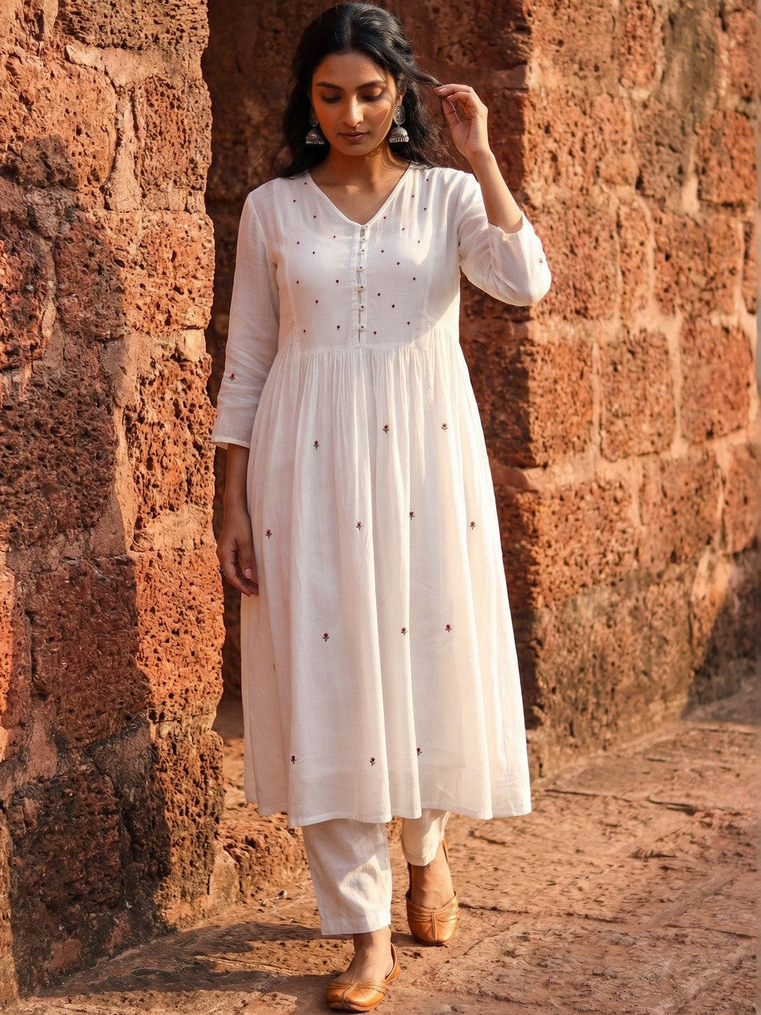 Embroidered V-Neck Kurta & Trousers