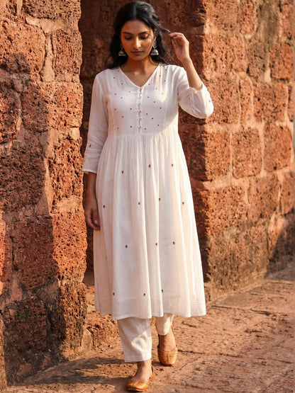 Embroidered V-Neck Kurta & Trousers