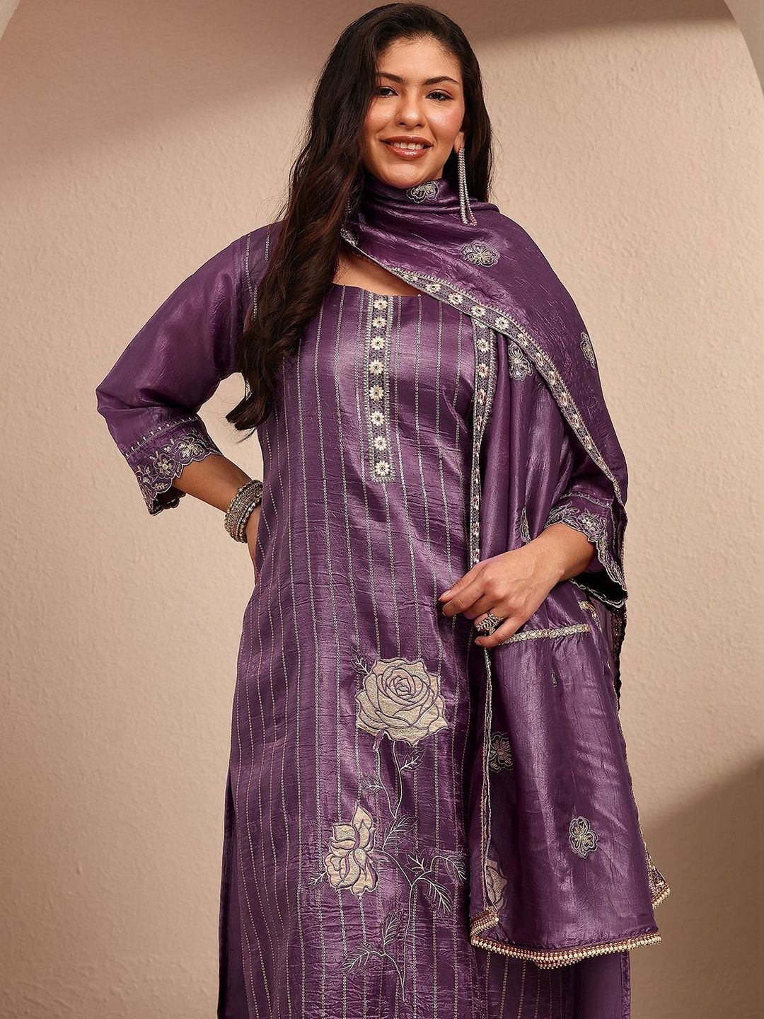 Dhiyona Women's Ethnic Motifs Printed Regular Thread Work Kurta with Palazzos & With Dupatta