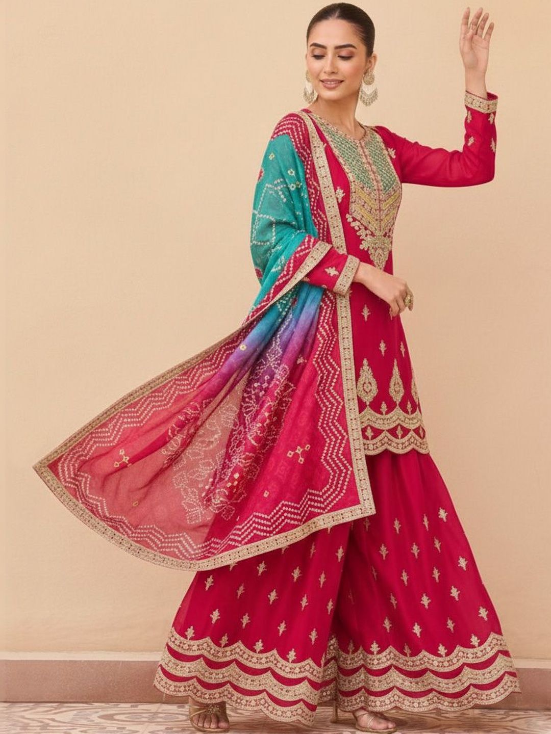 Dhiyona HOP Embroidered Round Neck Kurta & Sharara With Dupatta