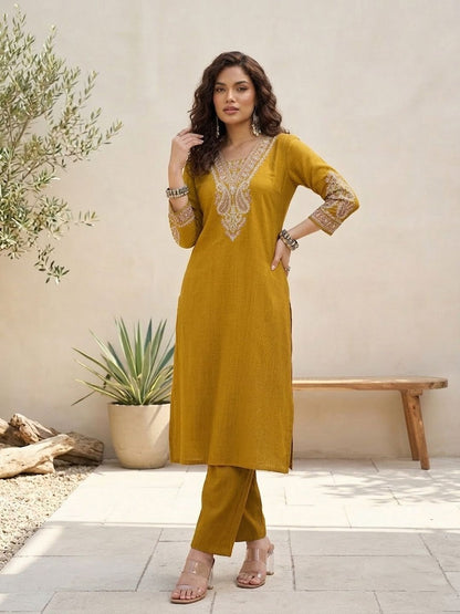 Mustard Women Ethnic Motifs Embroidered Regular Thread Work Kurta with Trousers