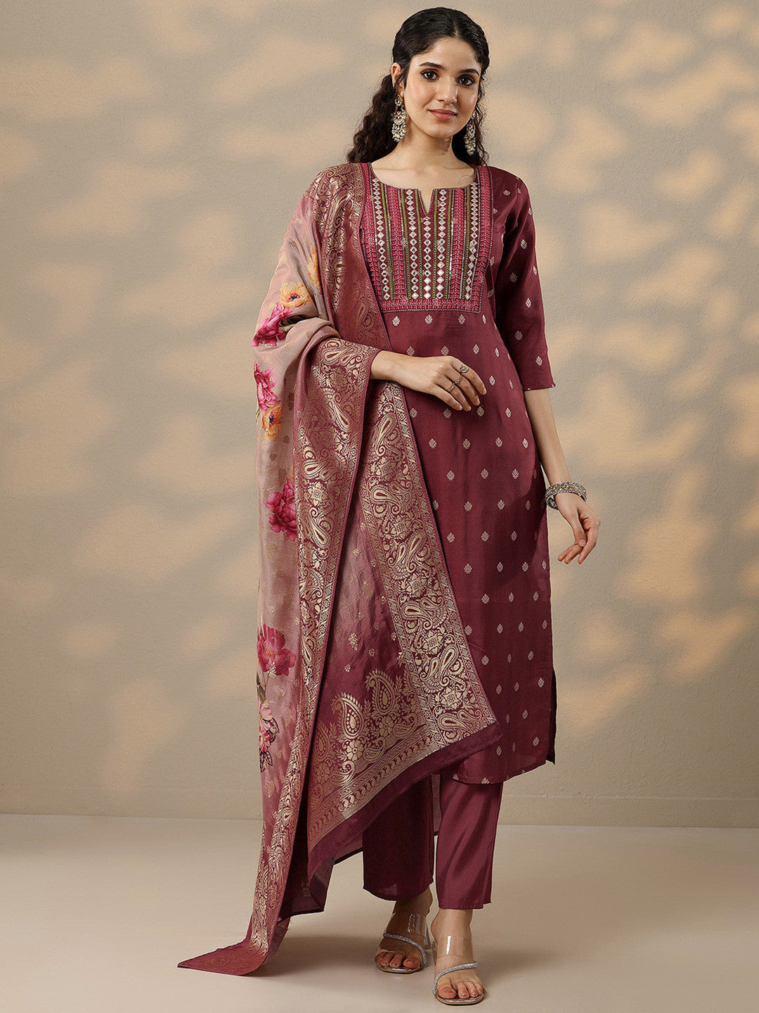 Ethnic Motifs Mirror Work Notch Neck Straight Kurta with Trousers & Dupatta