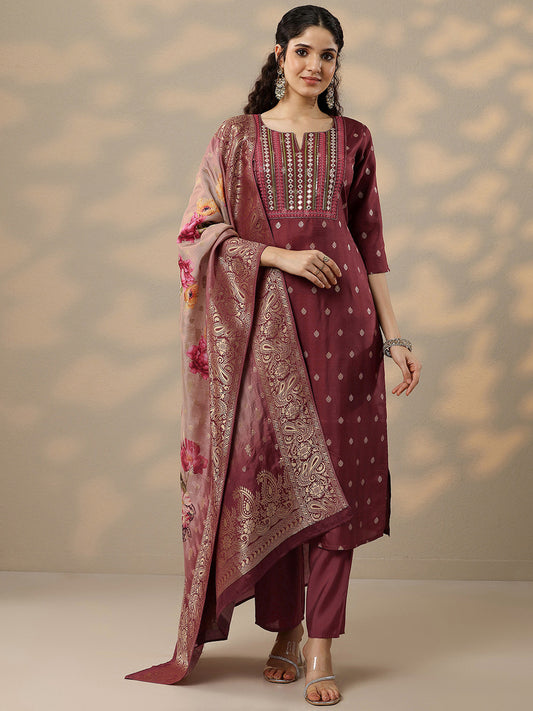Ethnic Motifs Mirror Work Notch Neck Straight Kurta with Trousers & Dupatta