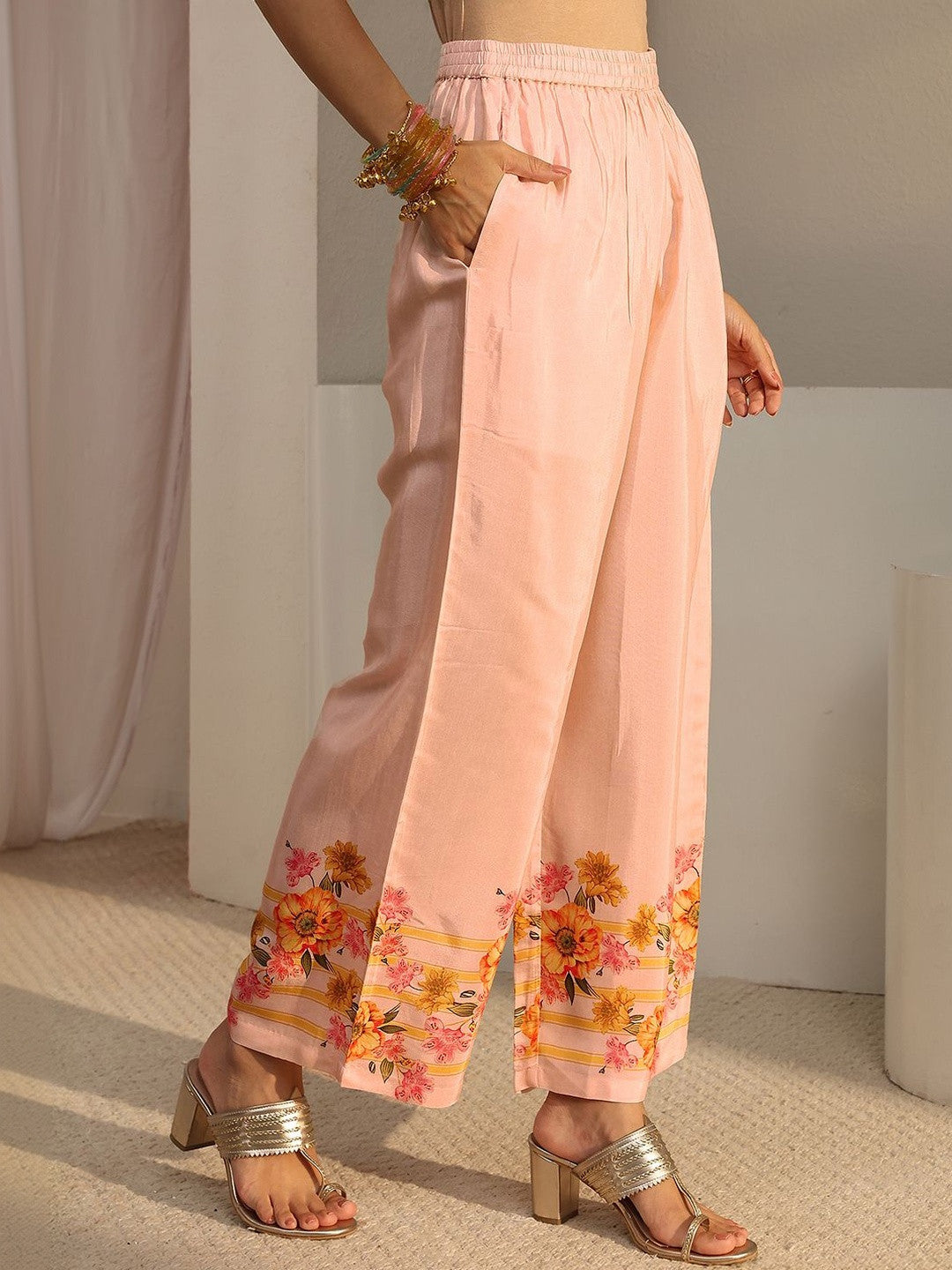 Peach Floral Printed Straight Kurta Set