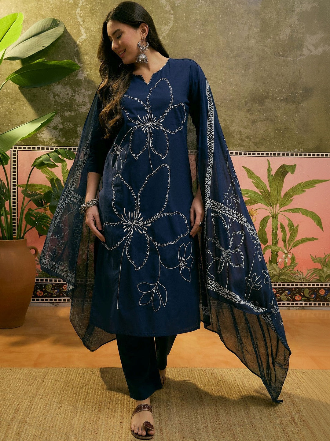 Dhiyona SN Floral Embroidered Pure Cotton Straight Kurta & Trousers With Dupatta