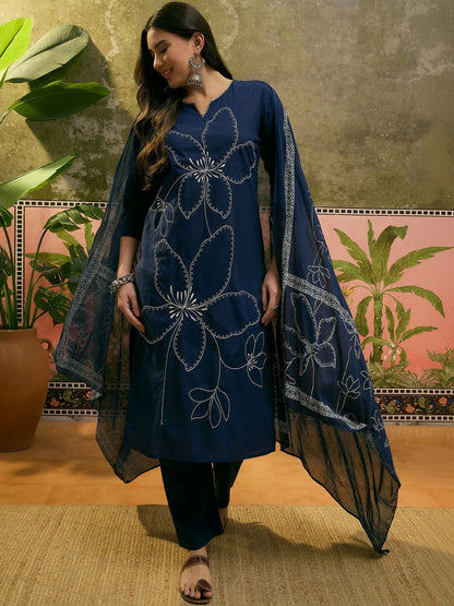 Floral Embroidered Pure Cotton Straight Kurta & Trousers With Dupatta