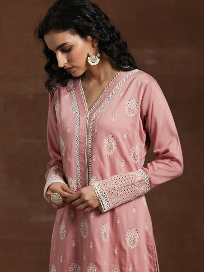 Women's LB Pink Embroidered Silk Blend Straight Suit With Dupatta